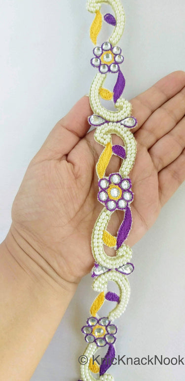 Floral Embroidered Cutwork Trim, Yellow Embroidery, Beaded Floral Trim